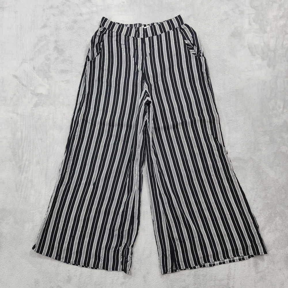 Hollister Pants Womens XS Black White Stripe Crop Wide Leg Pull On Flowy Viscose
